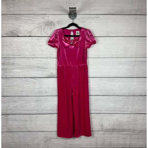Lily Bleu Girl's Fuchsia Pink Bow Cap Sleeve Velvet Jumpsuit Size 10 - Picture 1 of 11